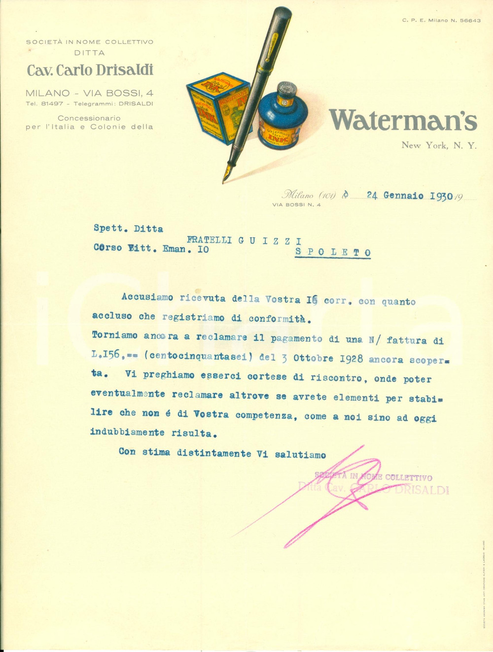Documento originale, autentico 1930 MILANO Ditta Carlo DRISALDI Concessionario WATERMAN S sollecita pagamenti 1
