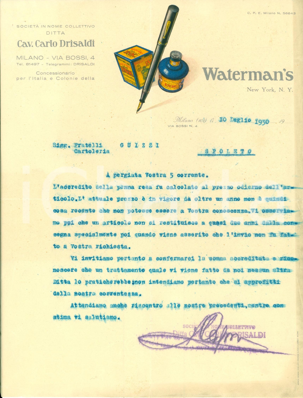 Documento originale, autentico 1930 MILANO Carlo DRISALDI WATERMAN S Non si restituisce una penna dopo due anni 1