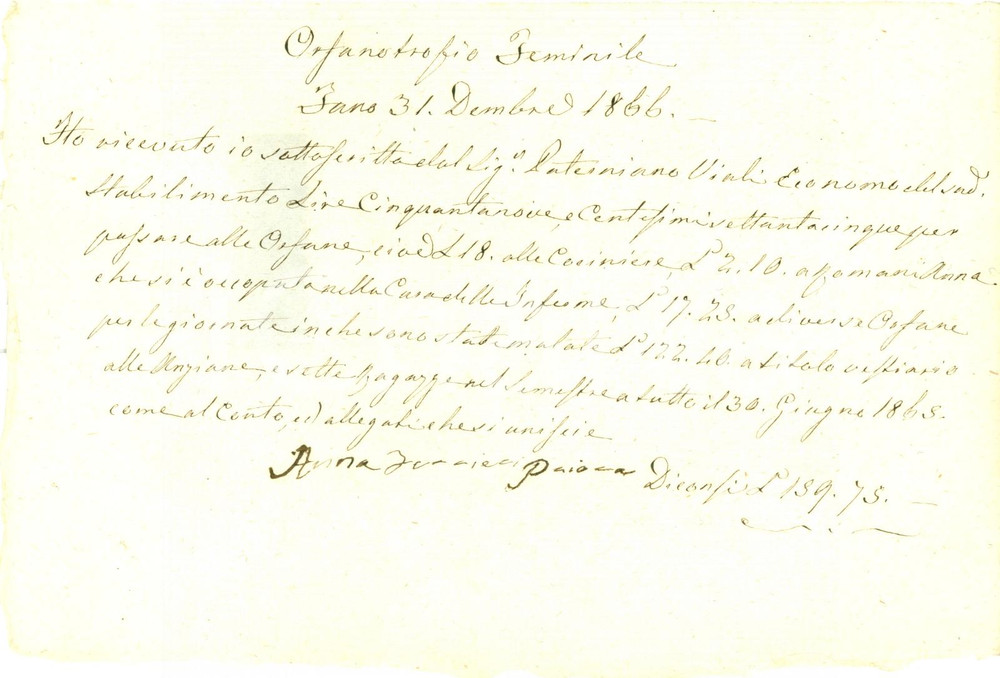 Documento originale, autentico 1866 FANO PU Orfanotrofio Femminile Compensi per orfane lavoratrici Documento 1