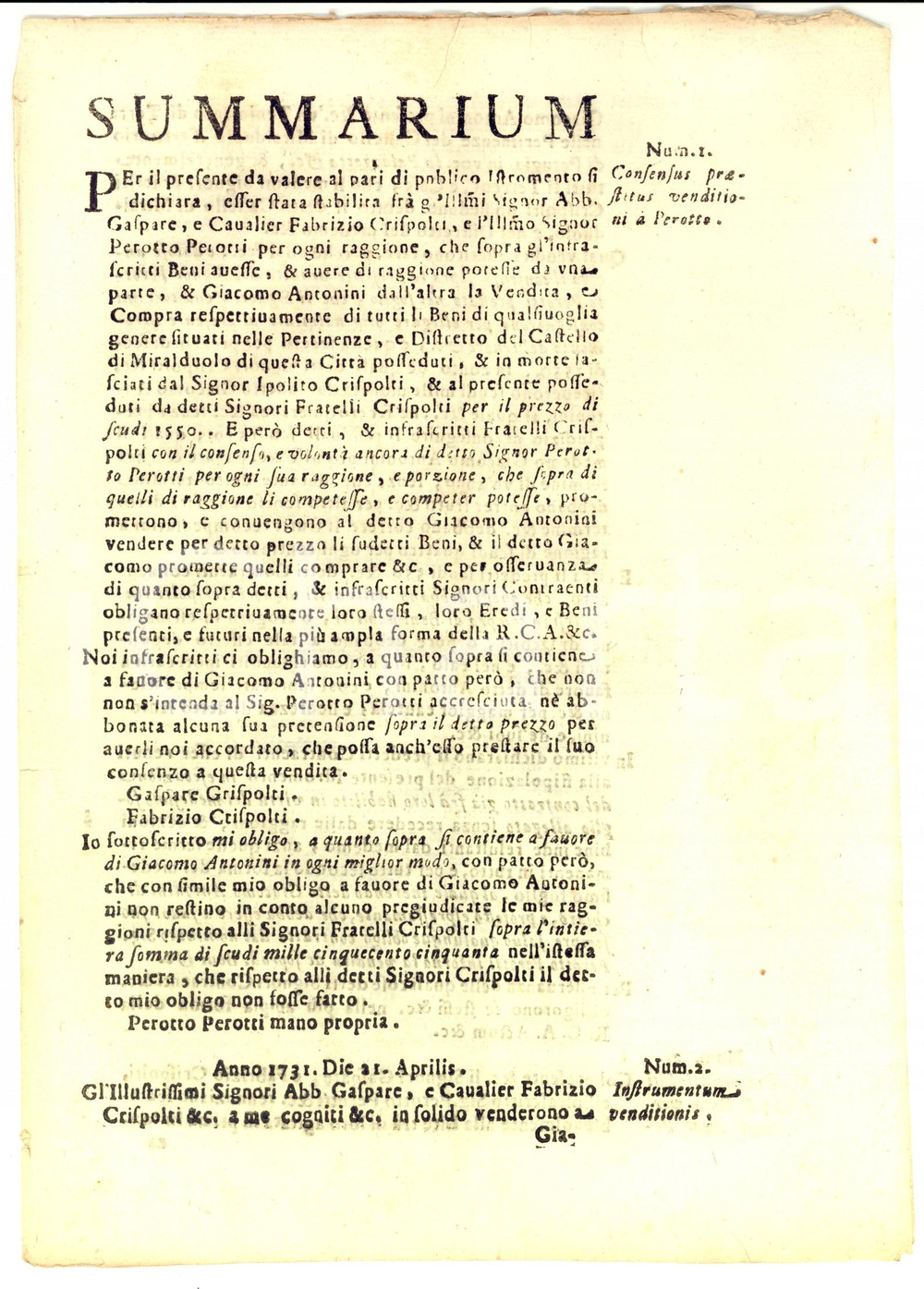 Documento originale, autentico 1740 MIRALDUOLO Fratelli CRISPOLTI vendono beni di famiglia a Giacomo ANTONINI 1
