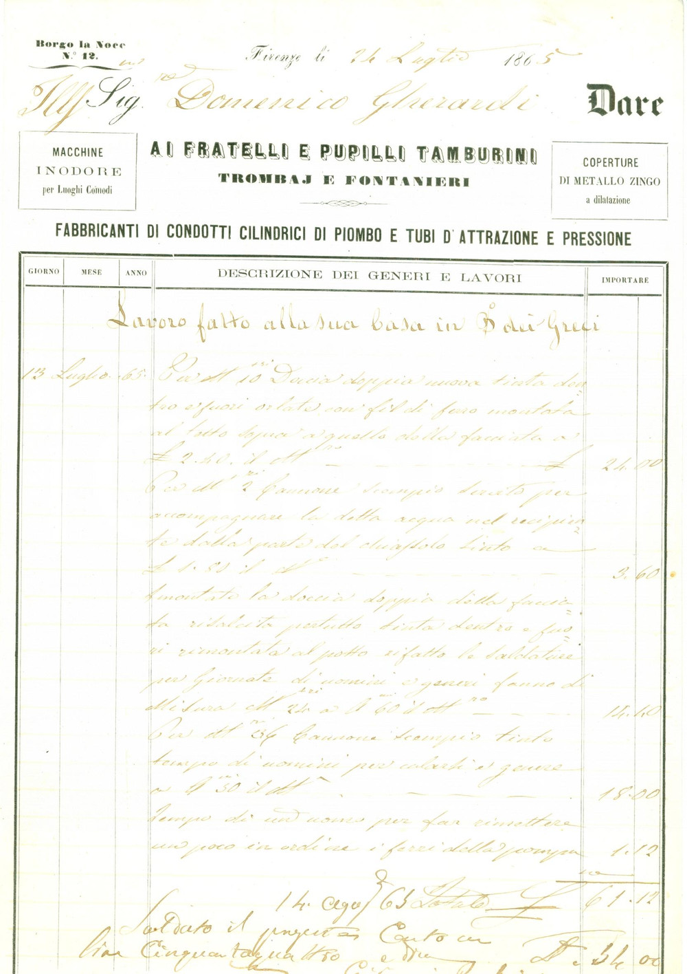 Documento originale, autentico 1865 FIRENZE Fratelli TAMBURINI trombai e fontanieri BORGO LA NOCE Fattura 1