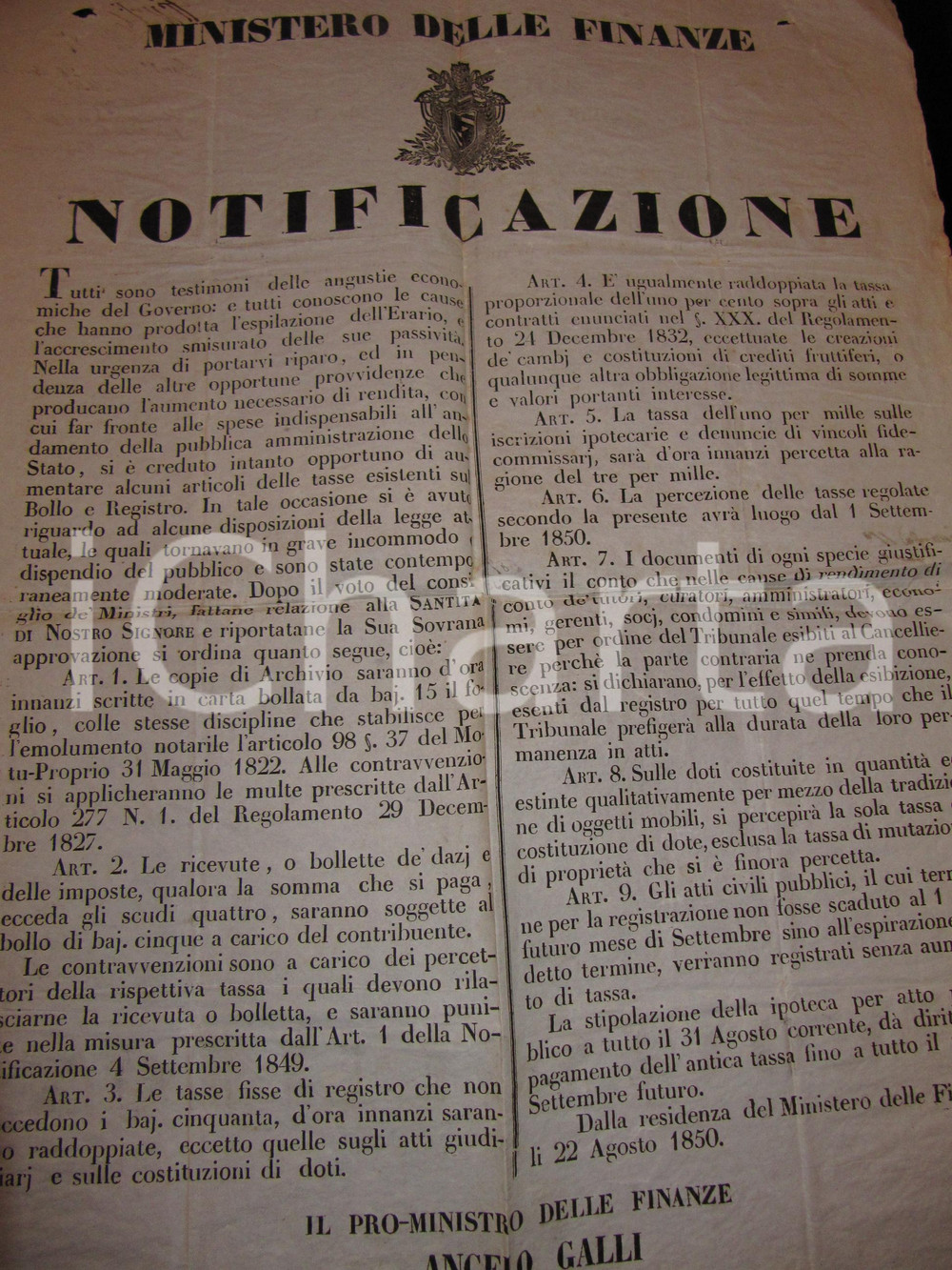 Documento originale, autentico 1850 STATO PONTIFICIO URBINO Contro le falle dell pubblica amministrazione 1