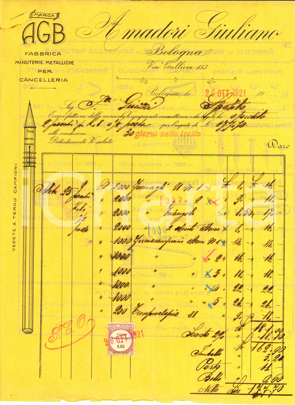 Documento originale, autentico 1921 BOLOGNA Giuliano AMADORI AGB Fabbrica minuterie cancelleria DANNEGGIATA 1