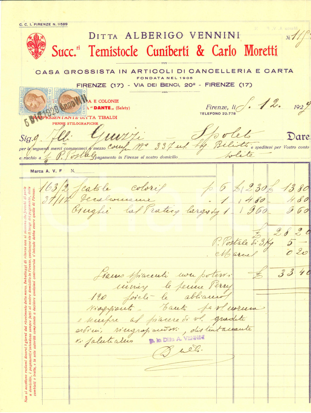 Documento originale, autentico 1929 FIRENZE Ditta Alberigo VENNINI Articoli CANCELLERIA e CARTA Fattura 1