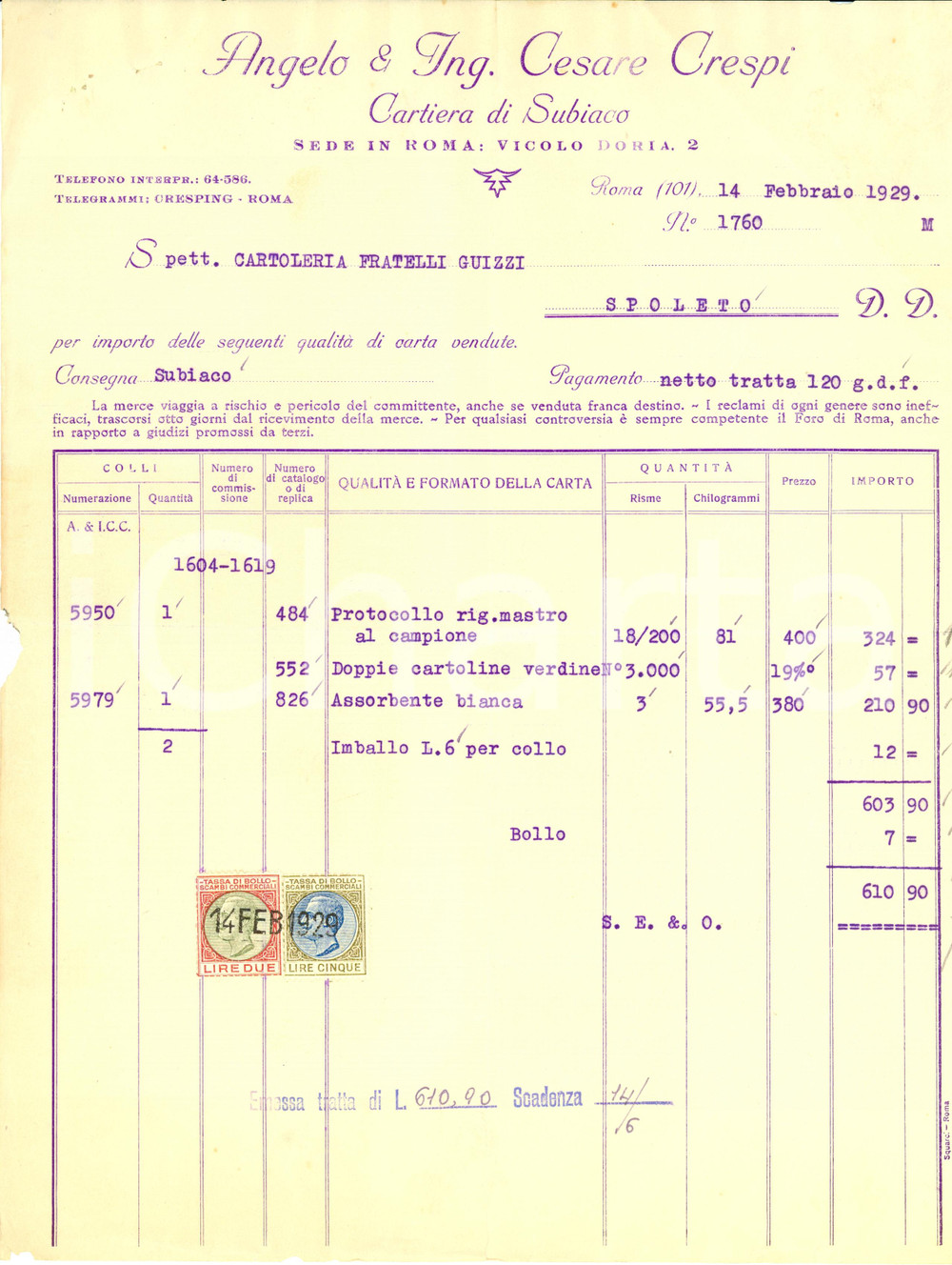 Documento originale, autentico 1929 ROMA Ditta Angelo & Cesare CRESPI Cartiera SUBIACO Fattura DANNEGGIATA 1