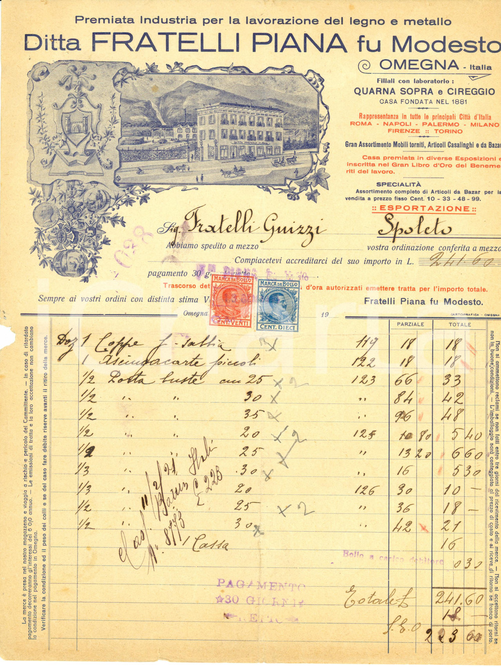 Documento originale, autentico 1921 OMEGNA VB Ditta Fratelli PIANA lavorazione LEGNO METALLO Fattura 1