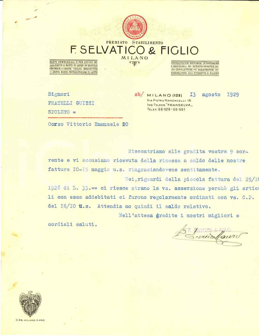 Documento originale, autentico 1929 MILANO SELVATICO & FIGLIO Premiato stabilimento CANCELLERIA Lettera 1