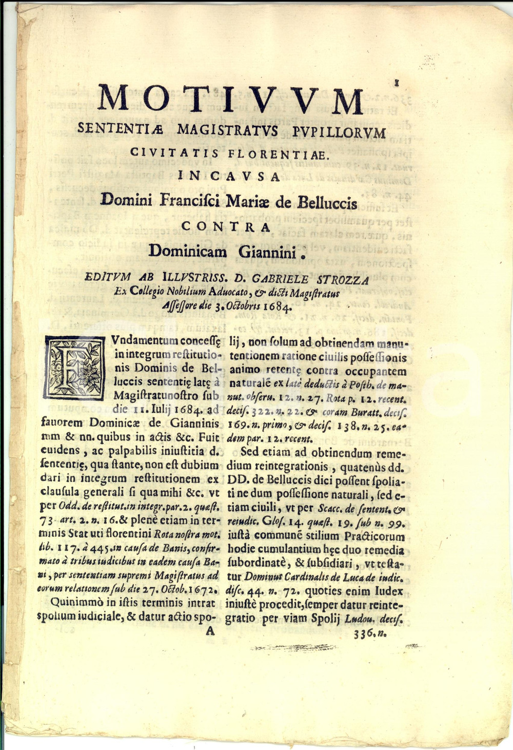Documento originale, autentico 1684 FIRENZE Gabriele STROZZA su lite tra Francesco BELLUCCI e Domenica GIANNINI 1