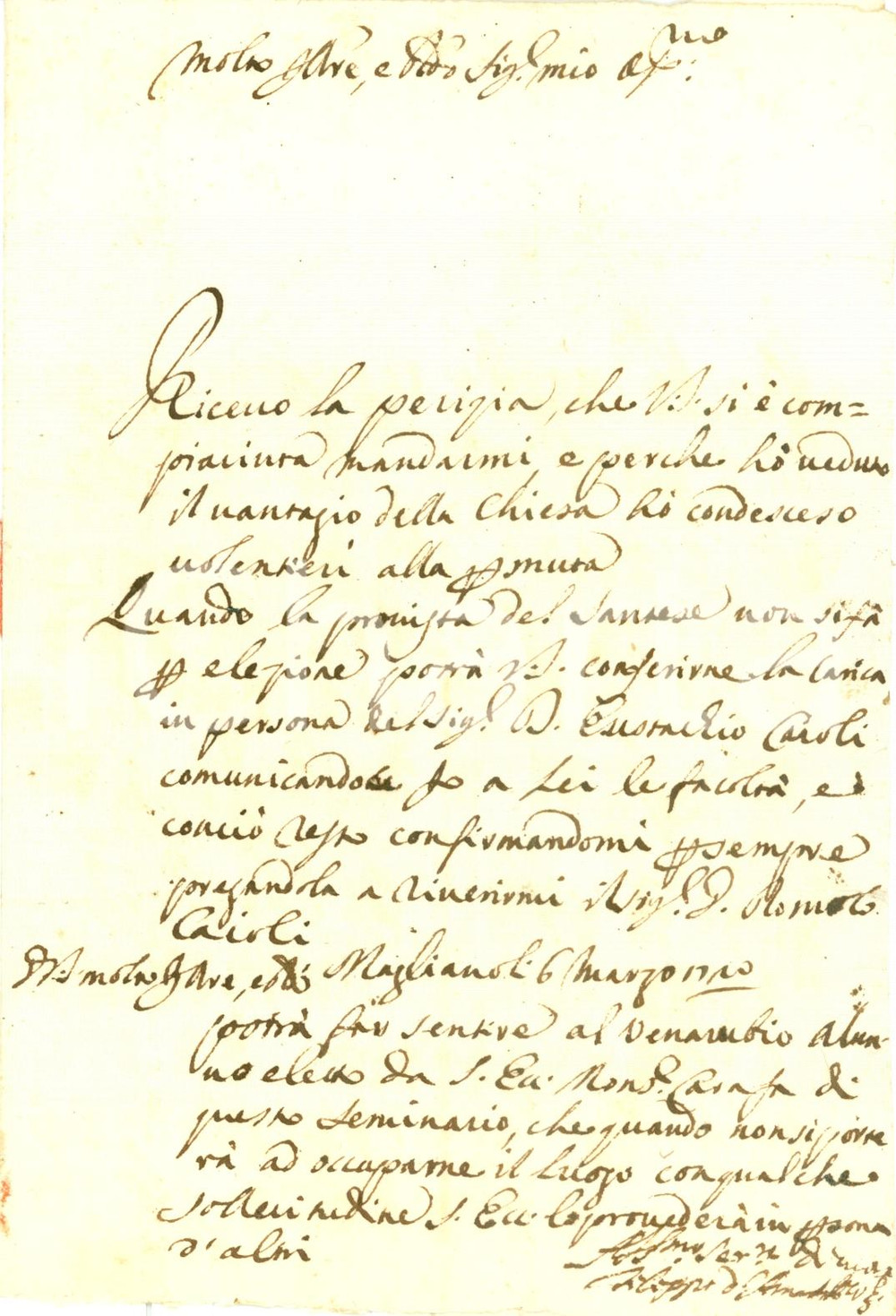 Documento originale, autentico 1720 MAGLIANO SABINA RI Eustachio CAROLI nominato parrocchia POGGIO CATINO 1