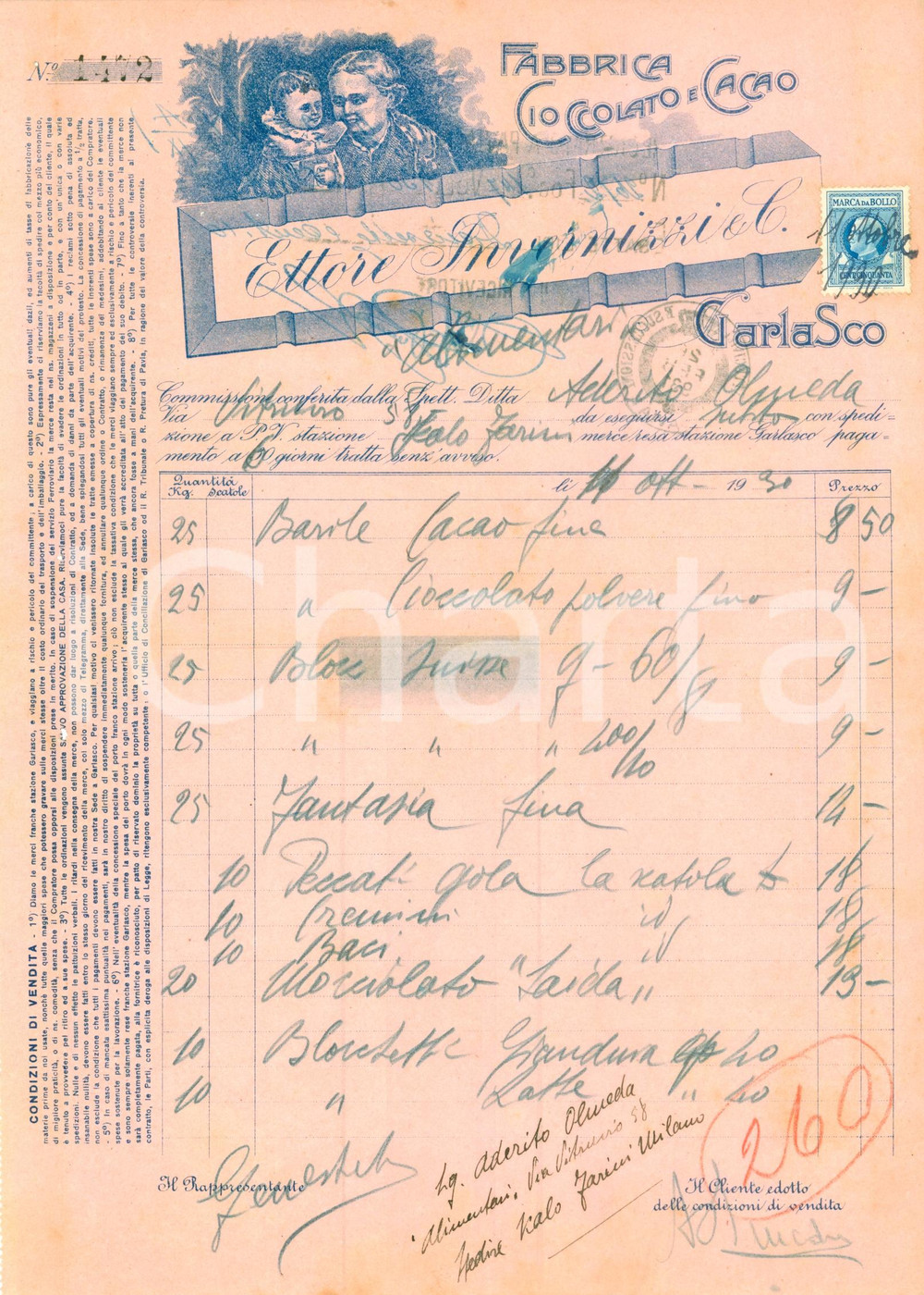 Documento originale, autentico 1930 GARLASCO PV Ettore INVERNIZZI fabbrica cioccolato e cacao ILLUSTRATA 1
