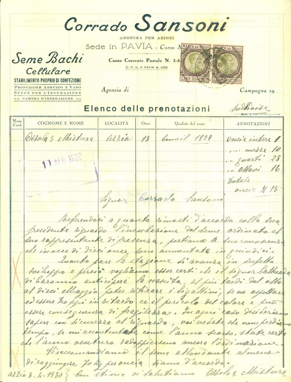 Documento originale, autentico 1930 PAVIA Corrado SANSONI Stagione bachi da seta in perfetto sviluppo Lettera 1