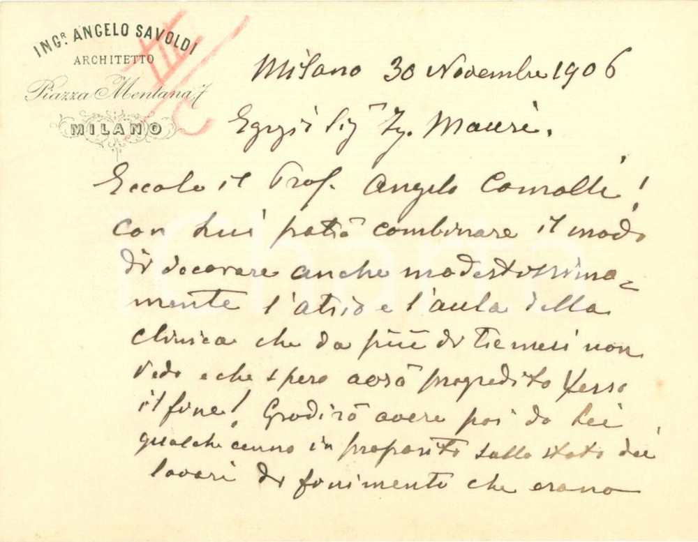 Autografo originale 1906 MILANO Architetto Angelo SAVOLDI su lavori alla clinica Biglietto AUTOGRAFO 1