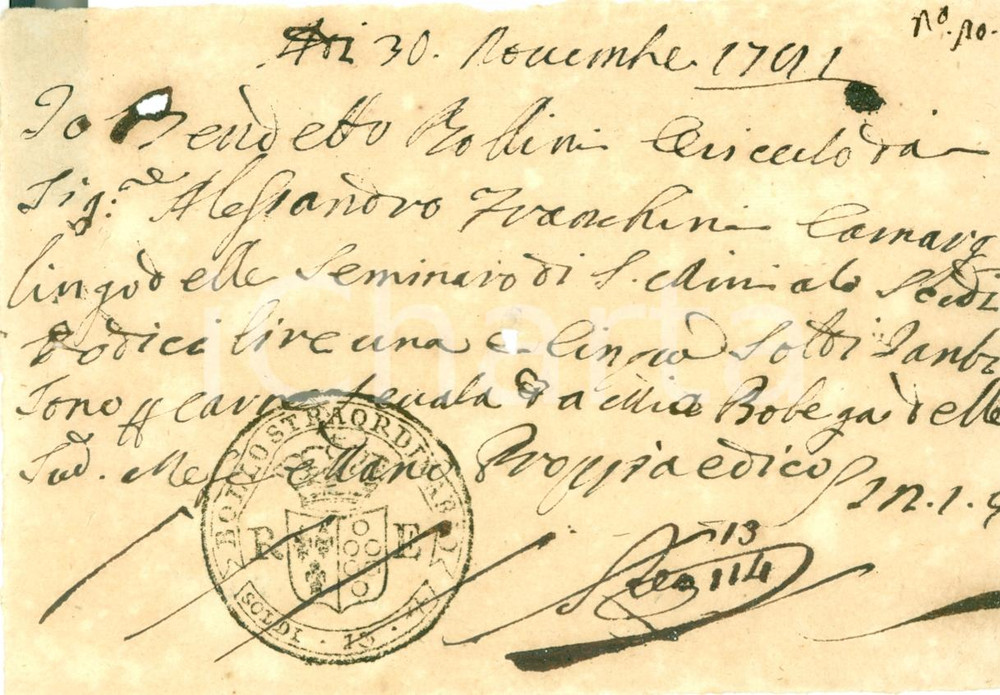 Documento originale, autentico 1781 SAN MINIATO PI Benedetto BOLLINI vende carne a Seminario Ricevuta 1