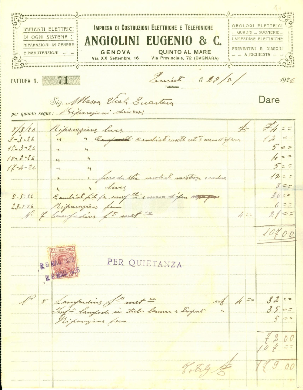 Documento originale, autentico 1926 GENOVA Eugenio ANGIOLINI costruzioni elettriche e telefoniche Fattura 1