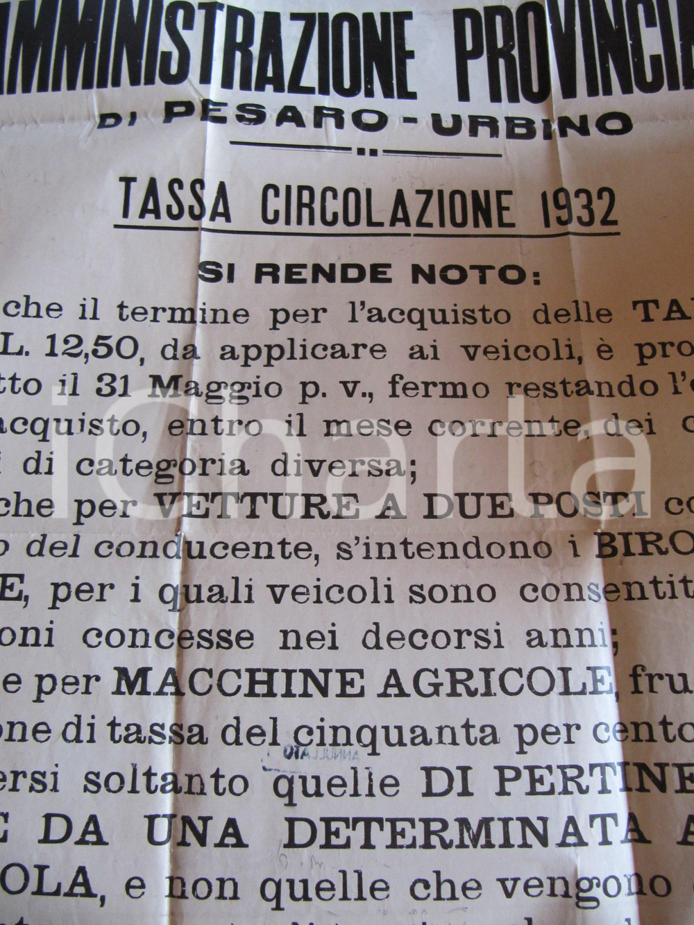 Documento originale, autentico 1932 PESARO Norme per circolazione Bighe e Macchine Agricole MANIFESTO 40 x 55 1