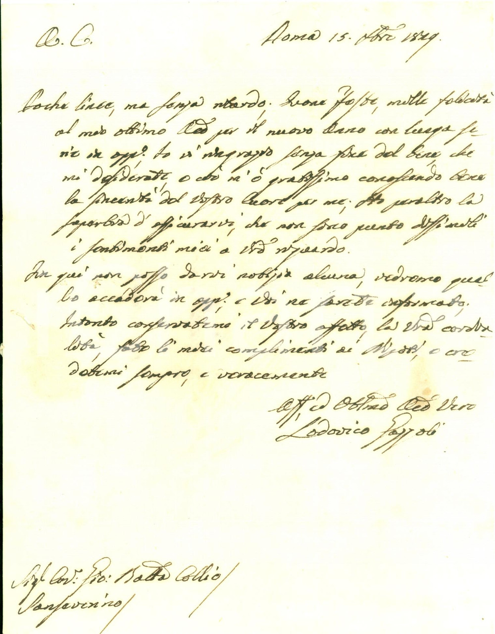Autografo originale 1829 ROMA Monsignor Lodovico GAZZOLI augura buone feste Lettera AUTOGRAFA 1