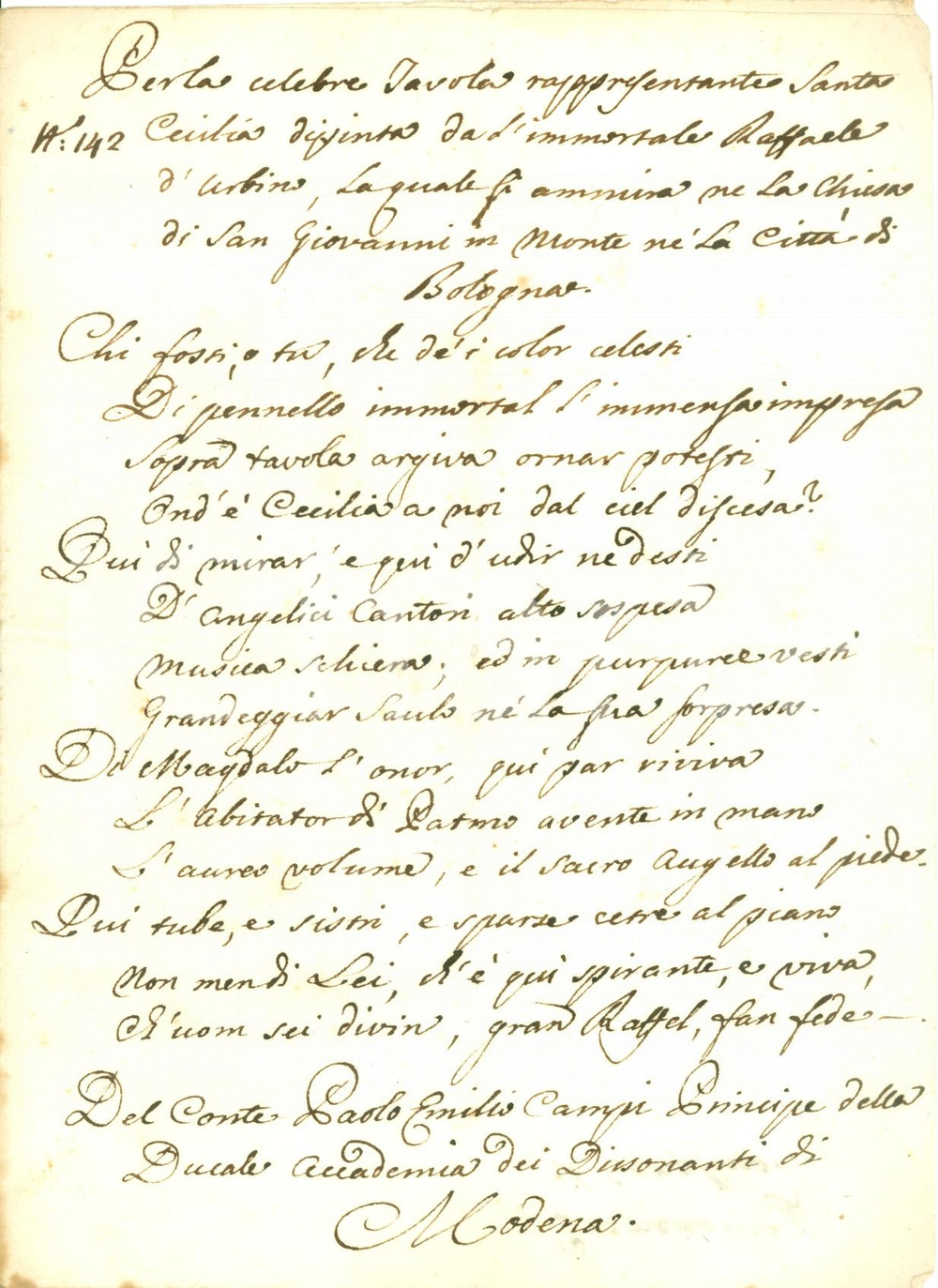 Autografo originale 1780 ca MODENA DISSONANTI Paolo Emilio CAMPI su RAFFAELLO Sonetto AUTOGRAFO 1