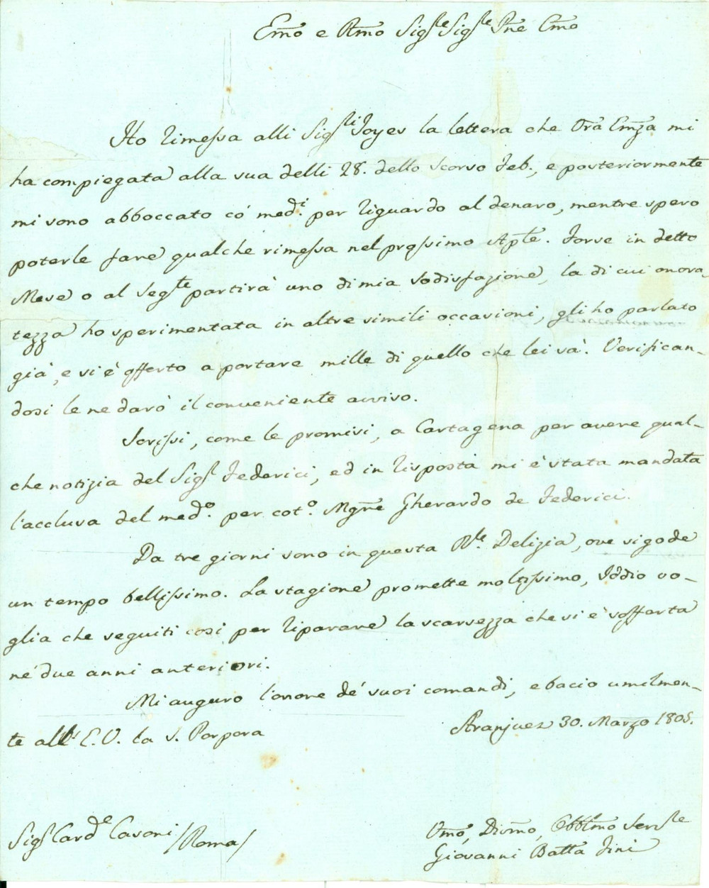 Autografo originale 1805 ARANJUEZ SPAGNA Giovanni Battista FINI invia denaro Card. CASONI AUTOGRAFO 1