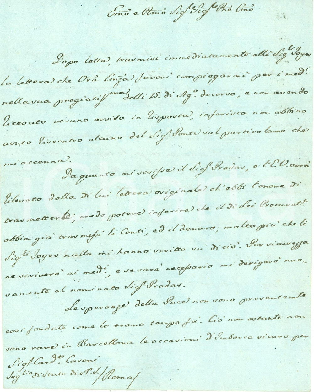 Autografo originale 1806 SAN ILDEFONSO SPAGNA Poche speranze pace AUTOGRAFO Giovanni Battista FINI 1