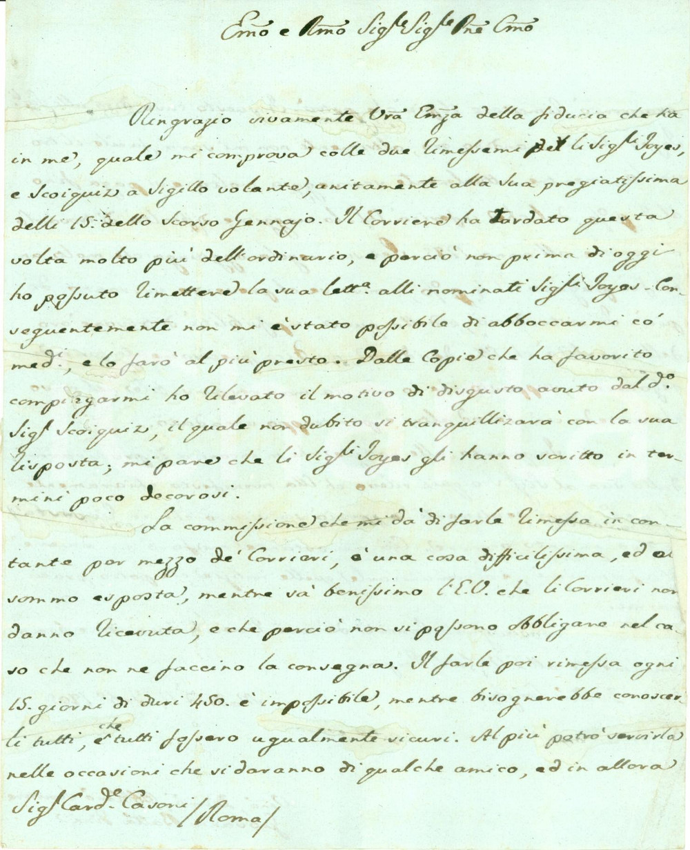 Autografo originale 1805 MADRID Giovanni Battista FINI Oro antico scarseggia Lettera AUTOGRAFA 1