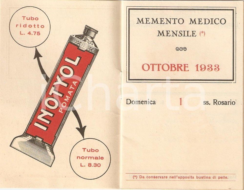 Materiale pubblicitario d’epoca 1933 MILANO Laboratori MAESTRETTI Farmaci PANCRINOL e INOTYOL Memento medico 1
