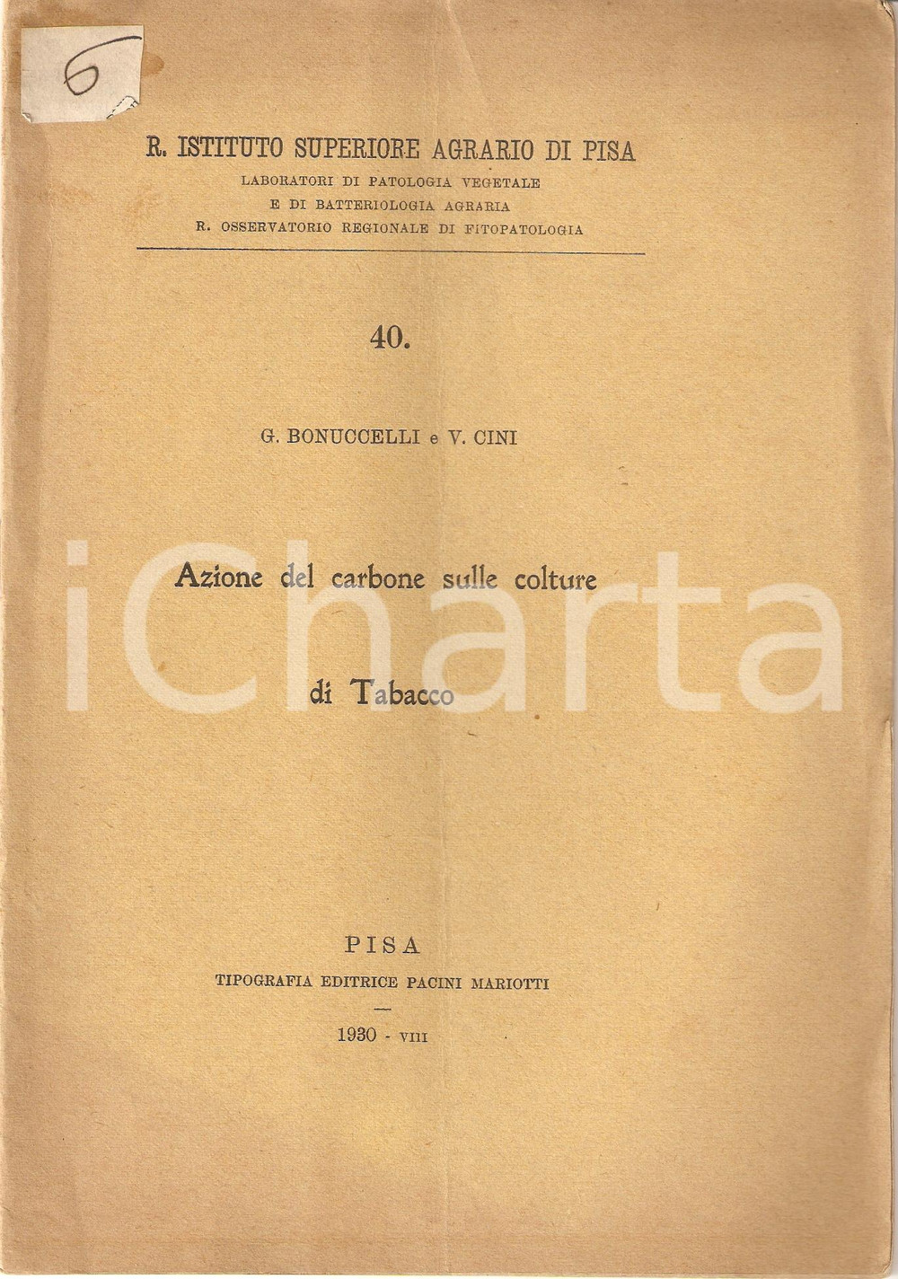 Libro, pubblicazione d epoca 1930 PISA Guglielmo BONUCCELLI Vincenzo CINI  AZIONE DEL CARBONE SUL TABACCO 1