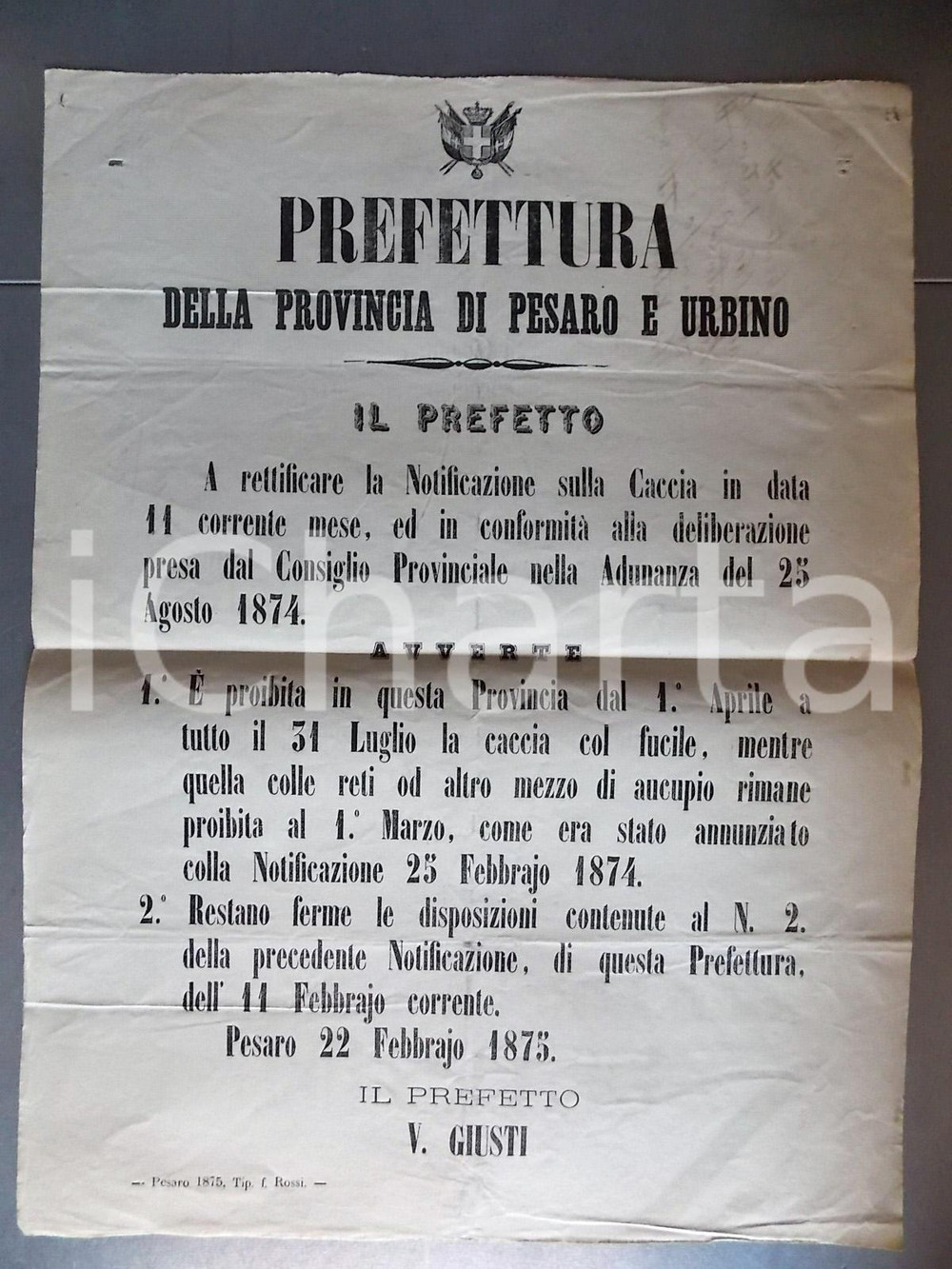 Documento originale, autentico 1875 PESARO Regole per la caccia con fucili e reti Manifesto 30 x 40 1