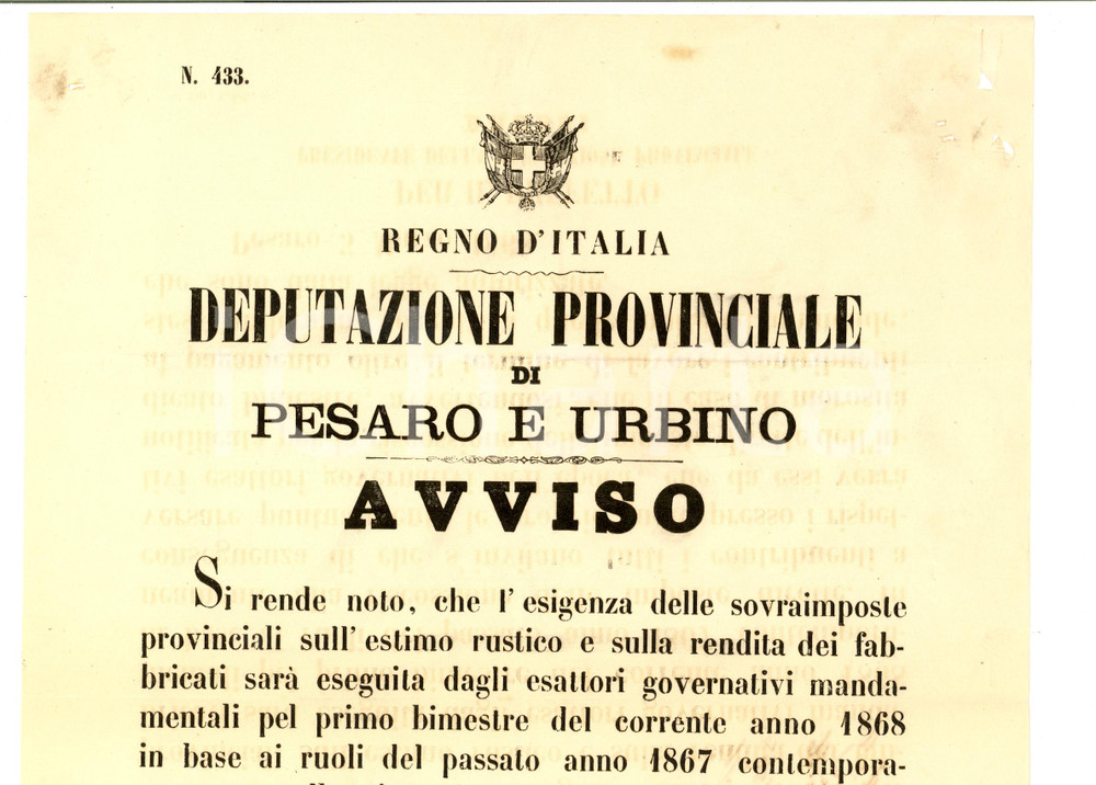 Documento originale, autentico 1868 PESARO Estimo rustico e rendita dei fabbricati Manifesto 28 x 38 cm 1