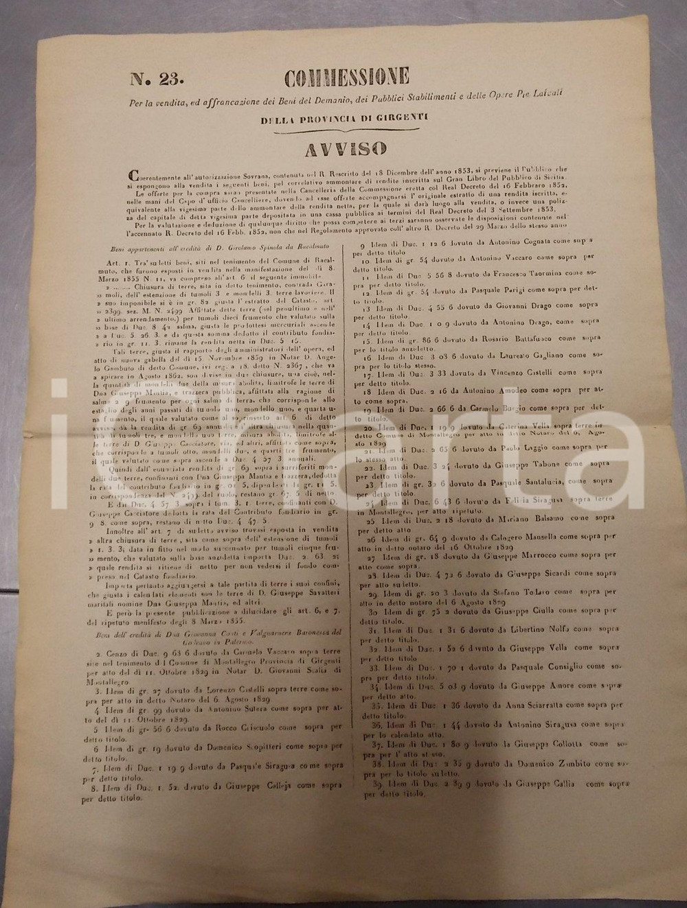 Documento originale, autentico 1855 GIRGENTI AG Asta beni Girolamo SPINOLA Giovanna CONTI E VALGUARNERA 1