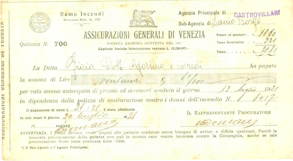 Documento originale, autentico 1920 CASTROVILLARI CS Assicurazioni Generali VENEZIA Ramo Incendi Ricevuta 1
