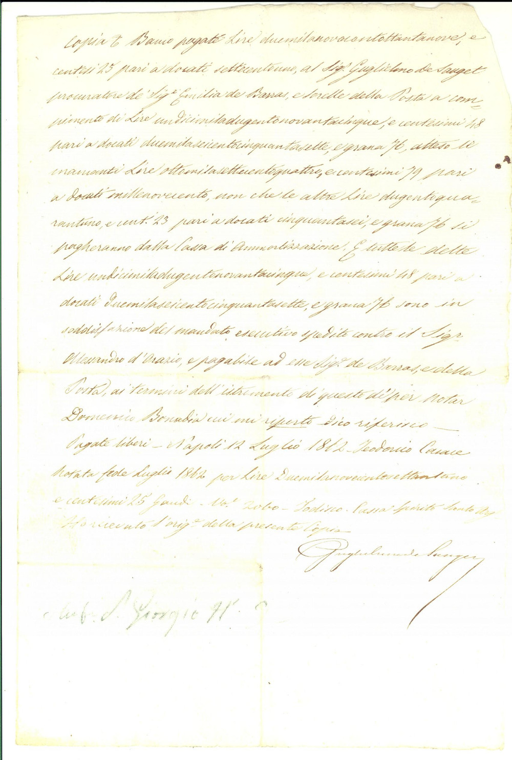 Documento originale, autentico 1862 NAPOLI Giulia DE BARRAS riscuote pagamento dovuto Manoscritto 1
