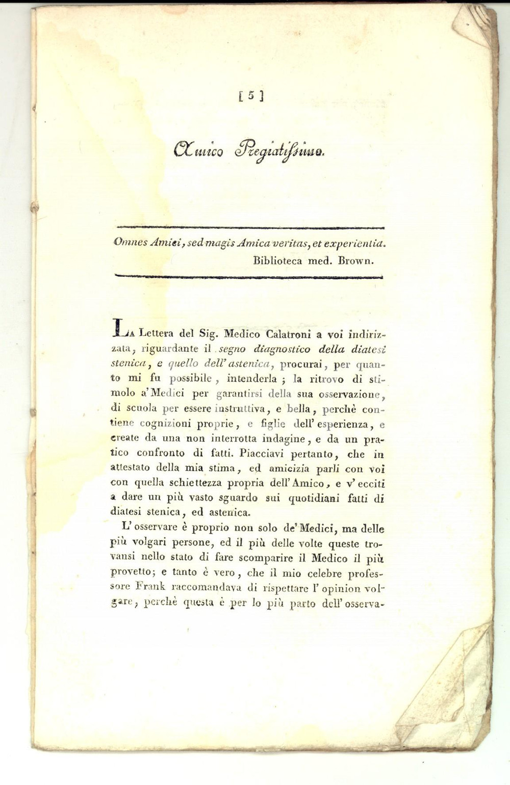 Libro, pubblicazione d epoca 1850 ca Commento al medico CALATRONI sulla diatesi stenica Pubblicazione RARA 1