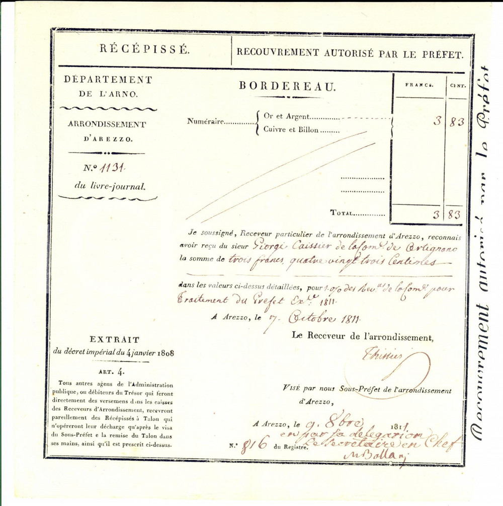 Documento originale, autentico 1811 CERTIGNANO AR Dipartimento dell ARNO Ricevuta al cassiere GIORGI 1