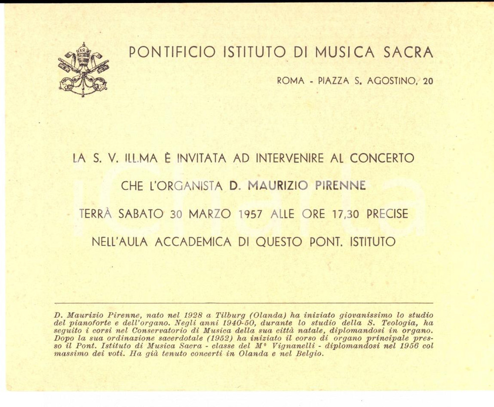 Documento originale, autentico 1957 ROMA Pontificio Istituto di Musica Sacra  Concerto don Maurizio PIRENNE 1