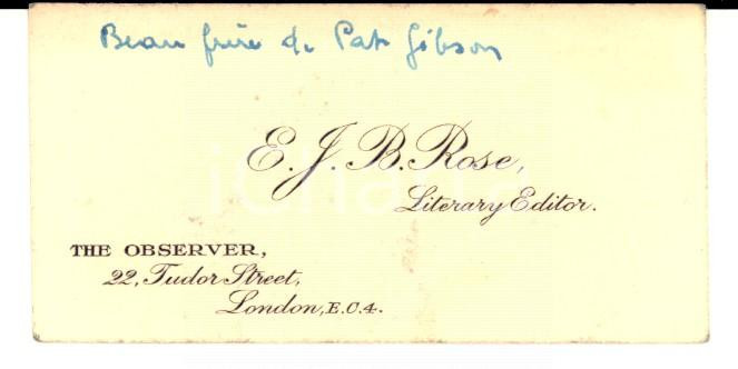 Oggetto da collezione cartaceo 1950 ca LONDON THE OBSERVER Business card E. J. B. ROSE Literary editor 1