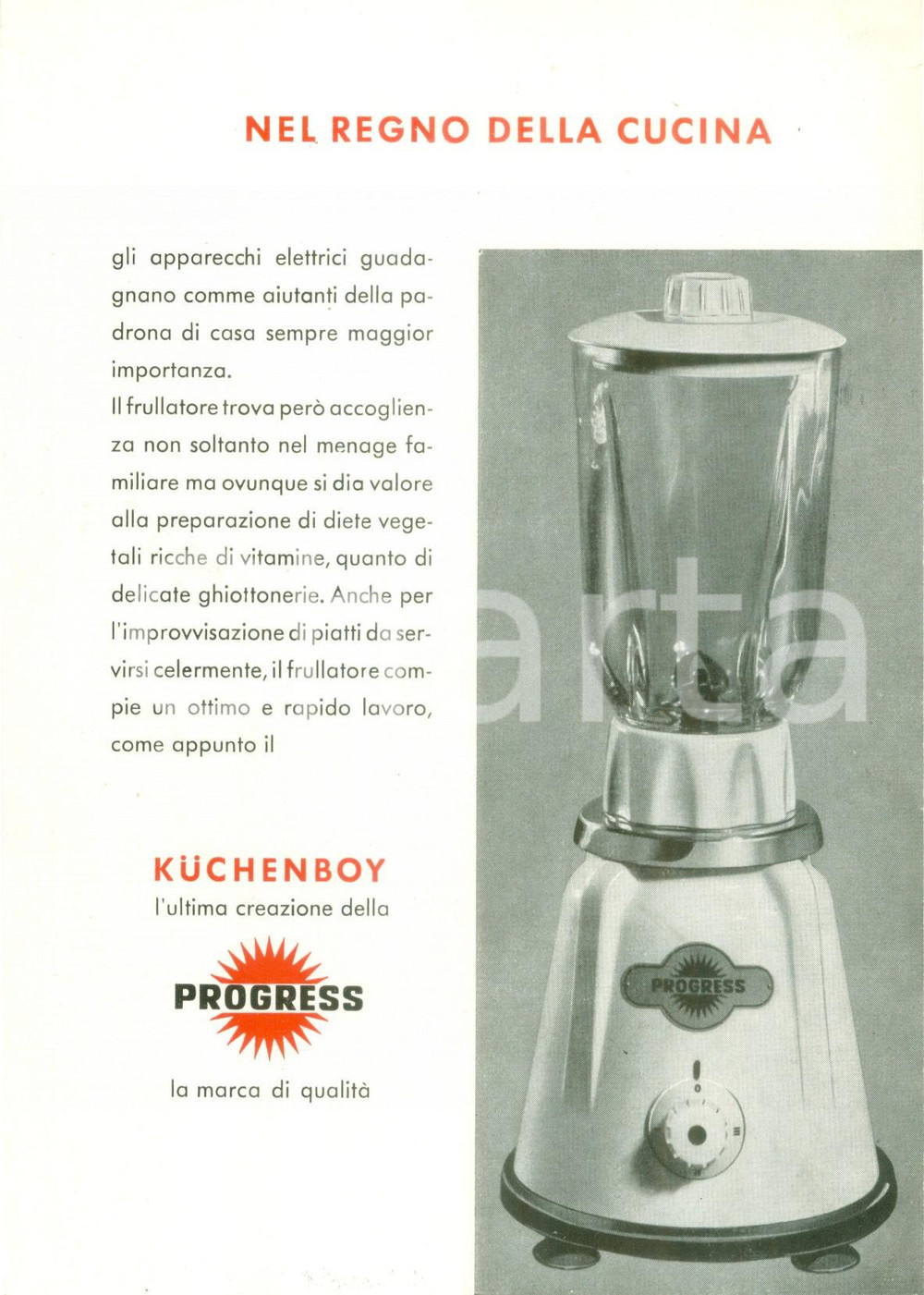 Materiale pubblicitario d’epoca 1960 ca STUTTGART Volantino frullatore PROGRESS KUCHENBOY Pubblicità ILLUSTRATA 1