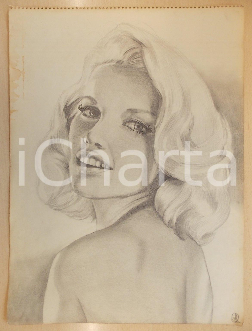 Stampa, bozzetto originale 1960 ca ARTE DI STRADA Ritratto di giovane attrice bionda Disegno a matita 1