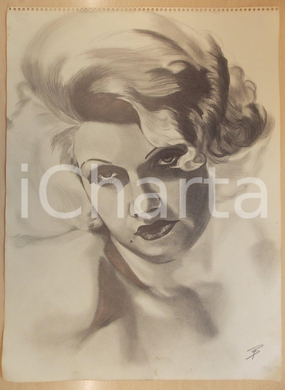 Stampa, bozzetto originale 1960 ca ARTE DI STRADA Ritratto di JEAN HARLOW Disegno a matita 37x50 1
