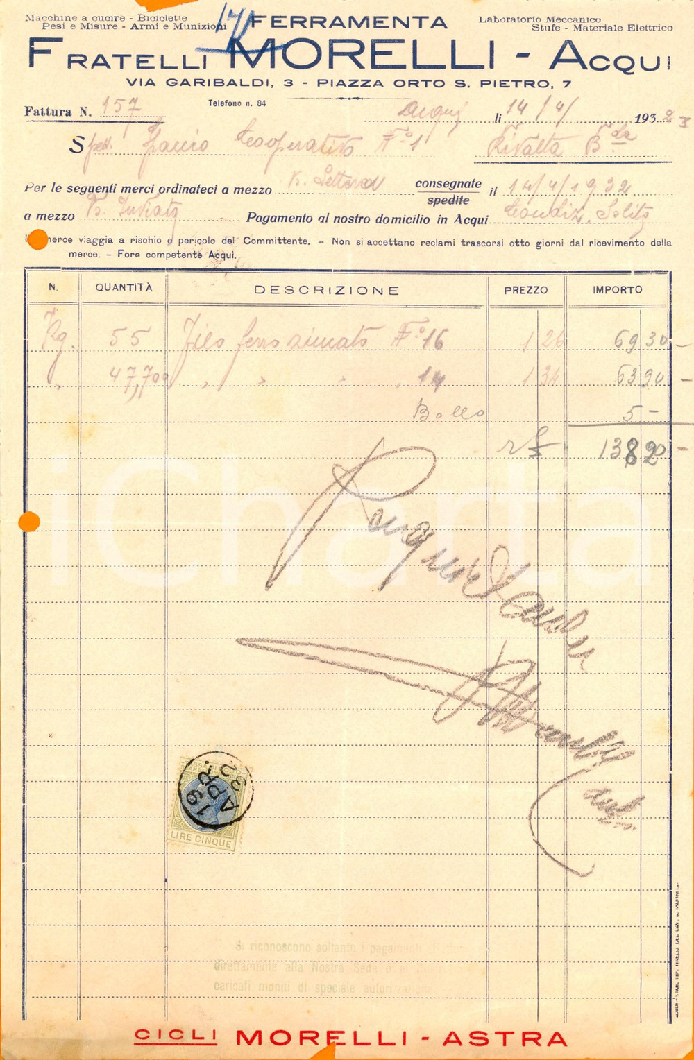 Documento originale, autentico 1923 ACQUI TERME AL Ferramenta FRATELLI MORELLI Fattura intestata 1