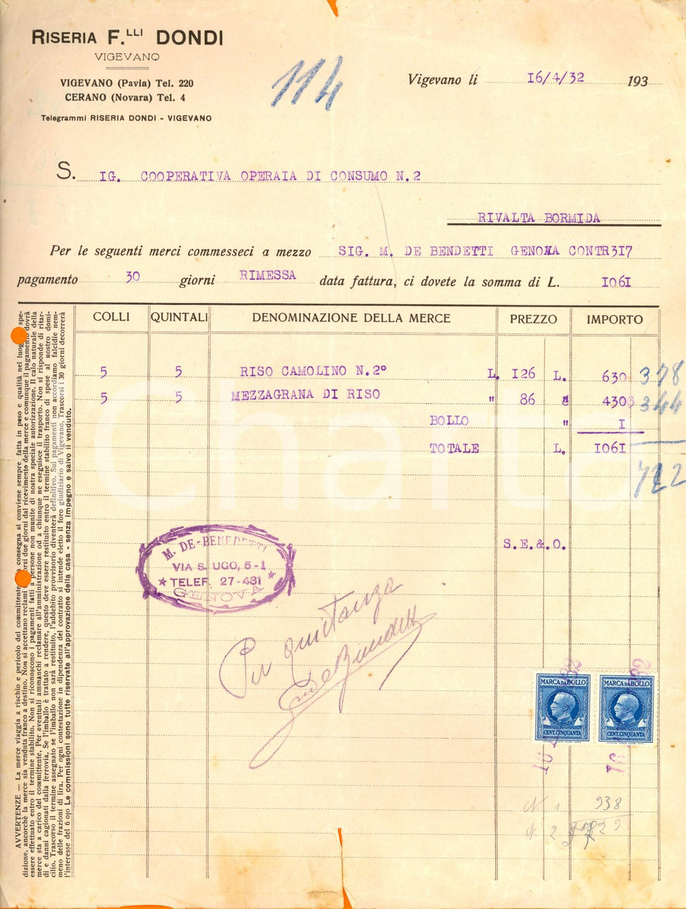 Documento originale, autentico 1932 VIGEVANO PV Riseria FRATELLI DONDI Fattura INTESTATA per riso Camolino 1