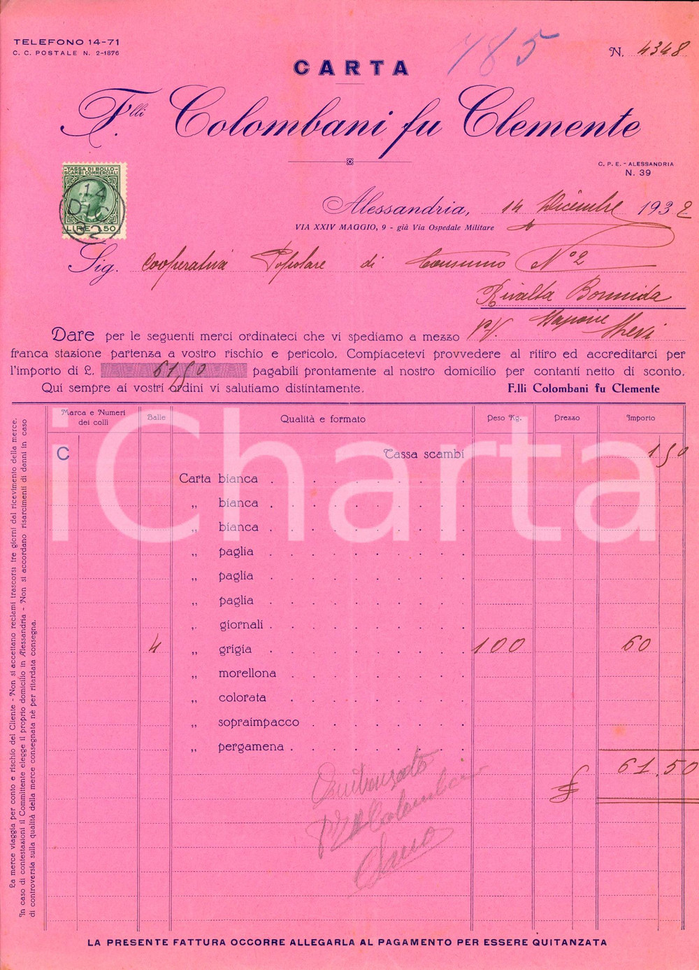 Documento originale, autentico 1932 ALESSANDRIA Fratelli COLOMBANI fu Clemente  Carta Fattura intestata 1