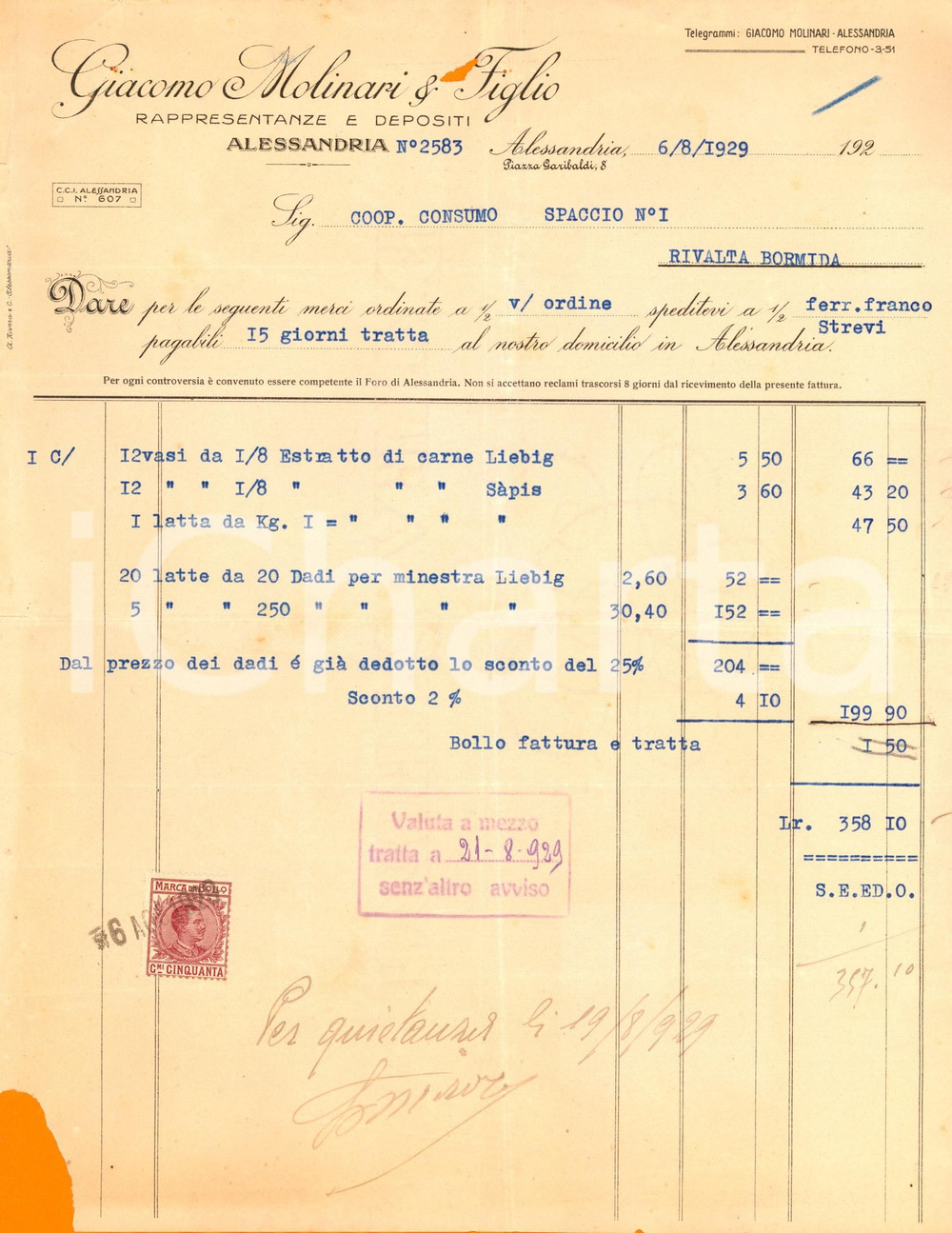 Documento originale, autentico 1929 ALESSANDRIA Giacomo MOLINARI & Figlio  Rappresentanze e depositi Fattura 1