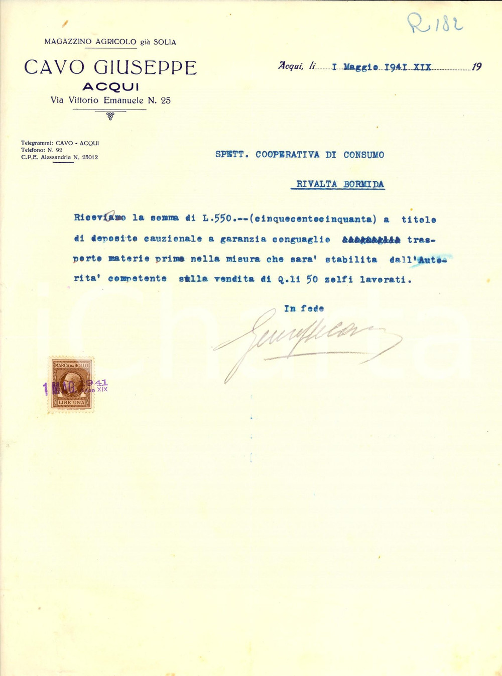 Documento originale, autentico 1941 ACQUI TERME AL Giuseppe CAVO giÃ  SOLIA  Magazzino agricolo Documento 1