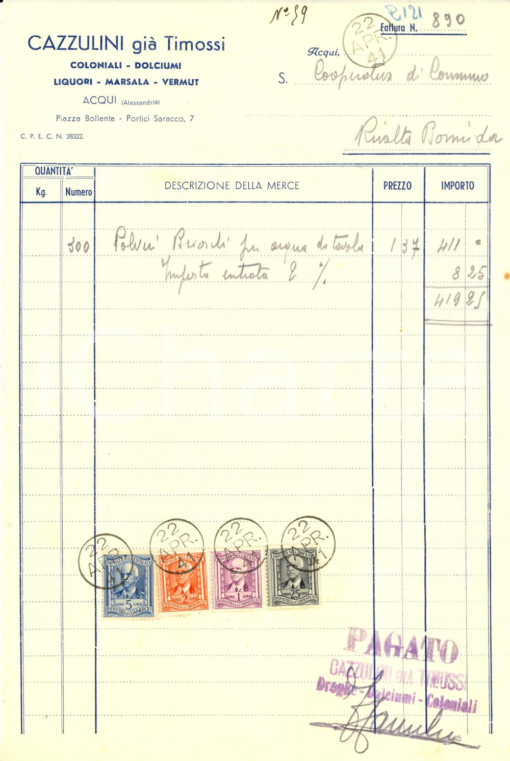 Documento originale, autentico 1941 ACQUI TERME AL CAZZULINI giÃ  TIMOSSI  Coloniali, dolciumi e liquori 1
