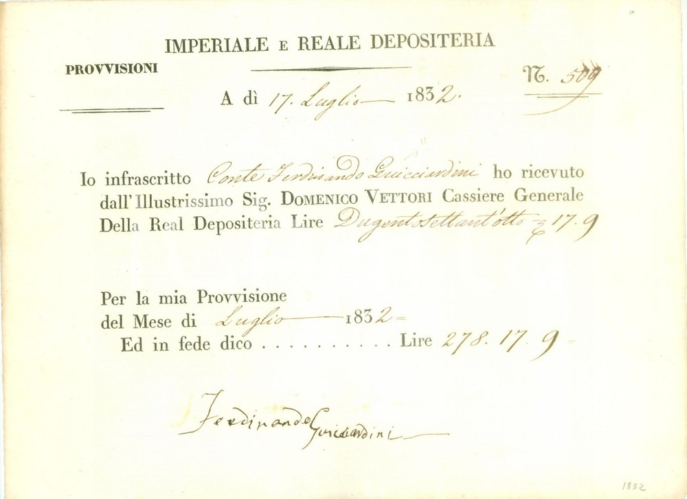 Documento originale, autentico 1832 IMPERIAL REALE DEPOSITERIA Provvisione Conte Ferdinando GUICCIARDINI Luglio 1