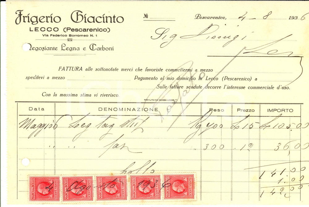 Documento originale, autentico 1936 LECCO PESCARENICO Giacinto FRIGERIO Negoziante legna e carboni Fattura 1