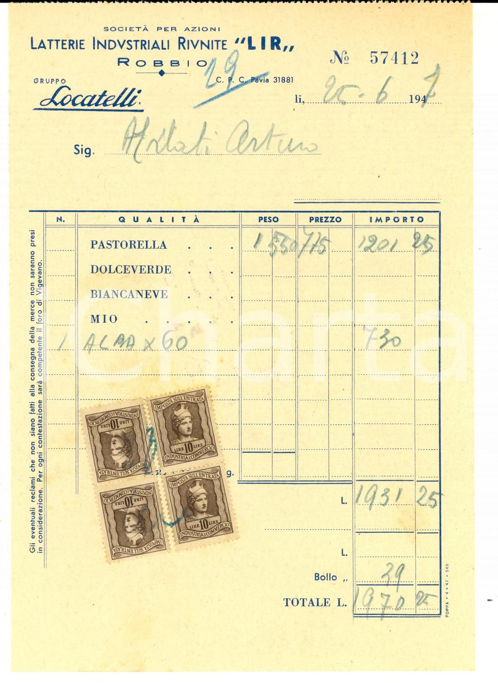 Documento originale, autentico 1947 ROBBIO PV Latterie Industriali Riunite LIR LOCATELLI Fattura intestata 1