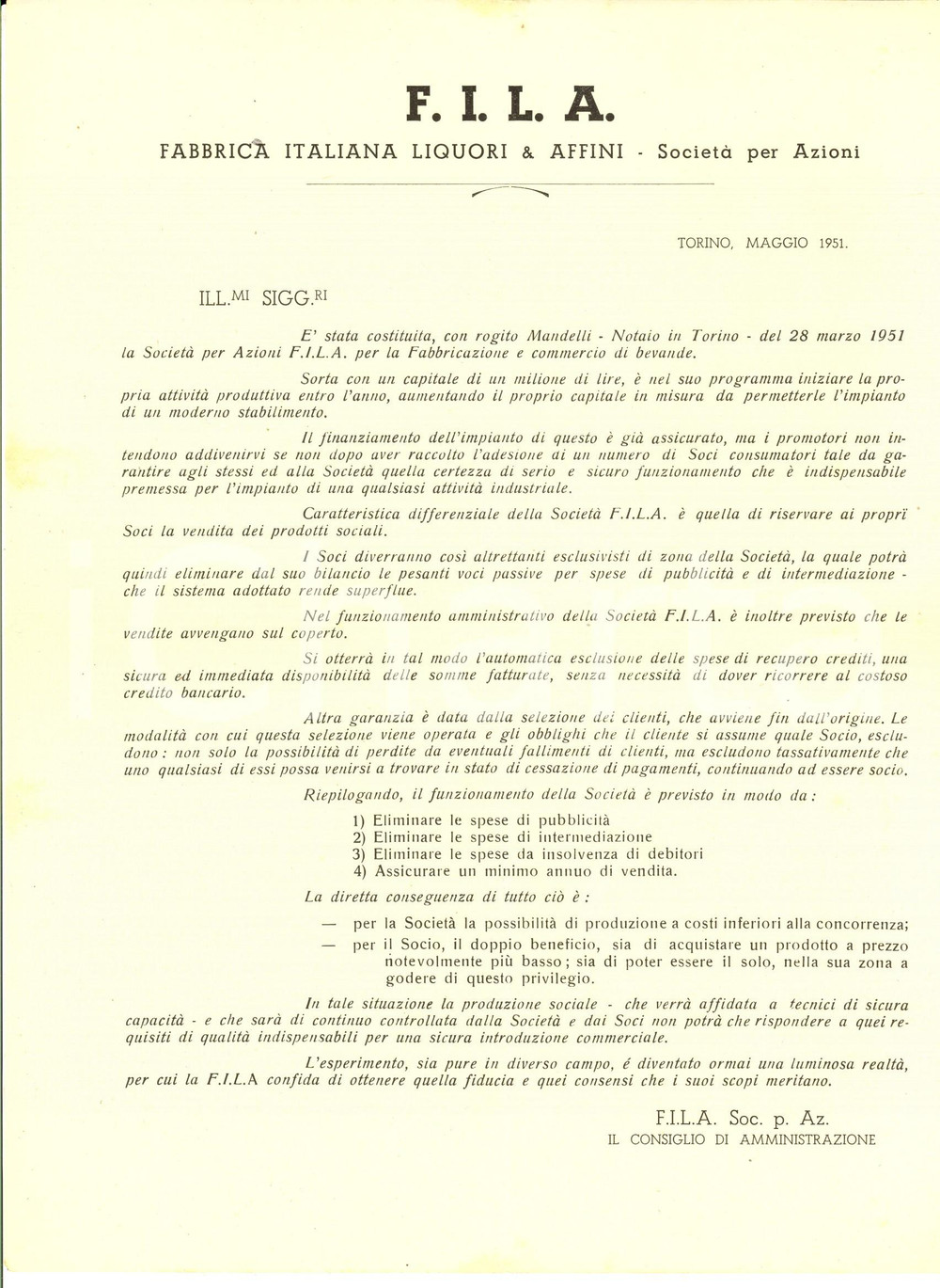 Documento originale, autentico 1951 TORINO Nascita della FILA Fabbrica Italiana Liquori & Affini Lettera 1