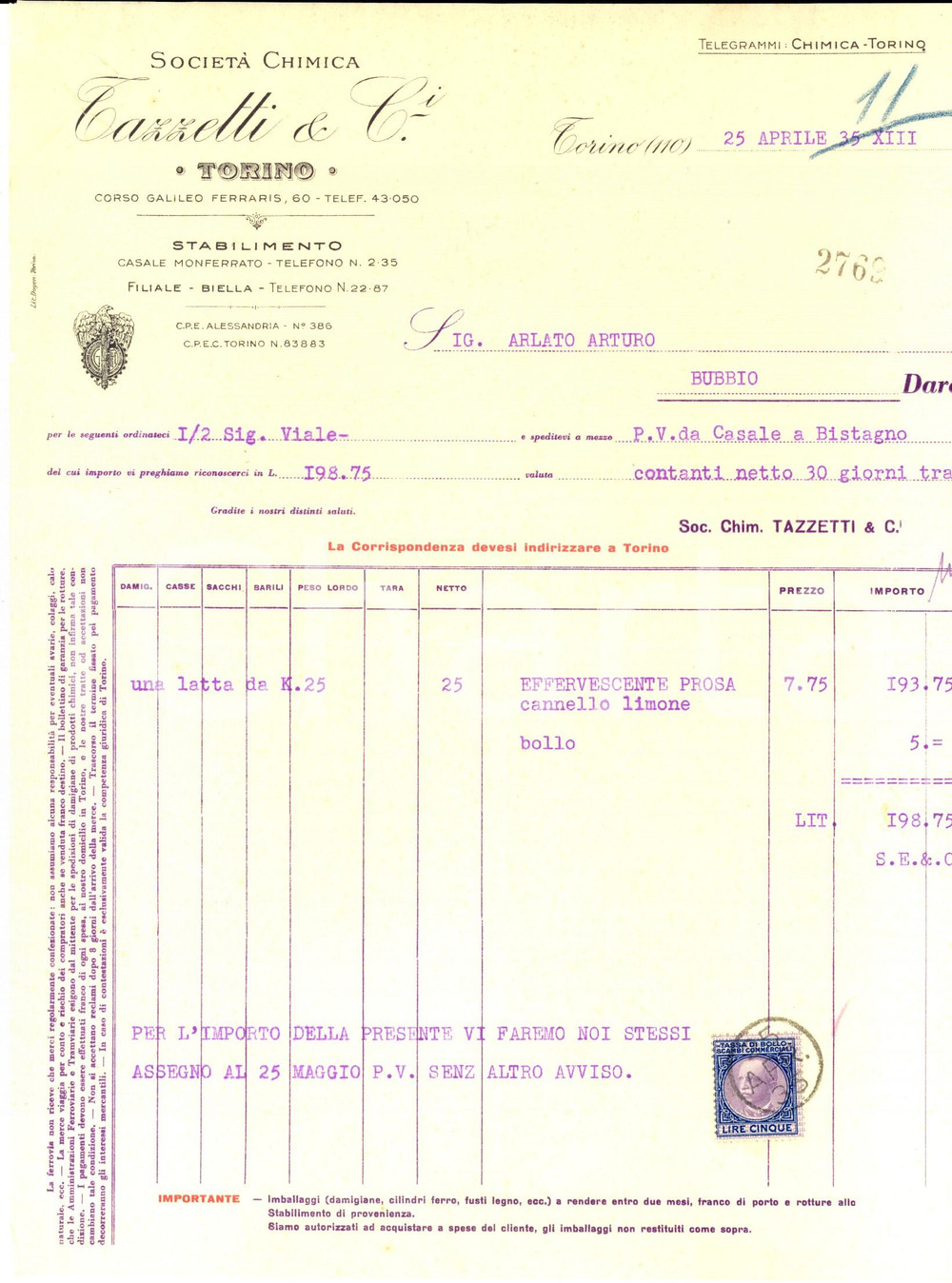 Documento originale, autentico 1935 TORINO Società Chimica TAZZETTI Fattura per effervescente prosa 1