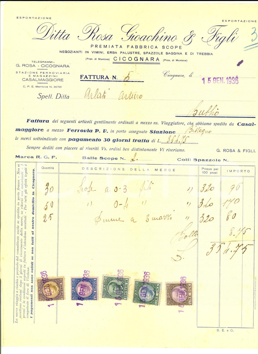 Documento originale, autentico 1936 CICOGNARA MN Ditta Rosa GIOACHINO premiata fabbrica scope Fattura 1